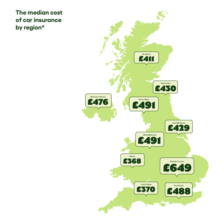 A map of the UK showing the median cost of car insurance in each region