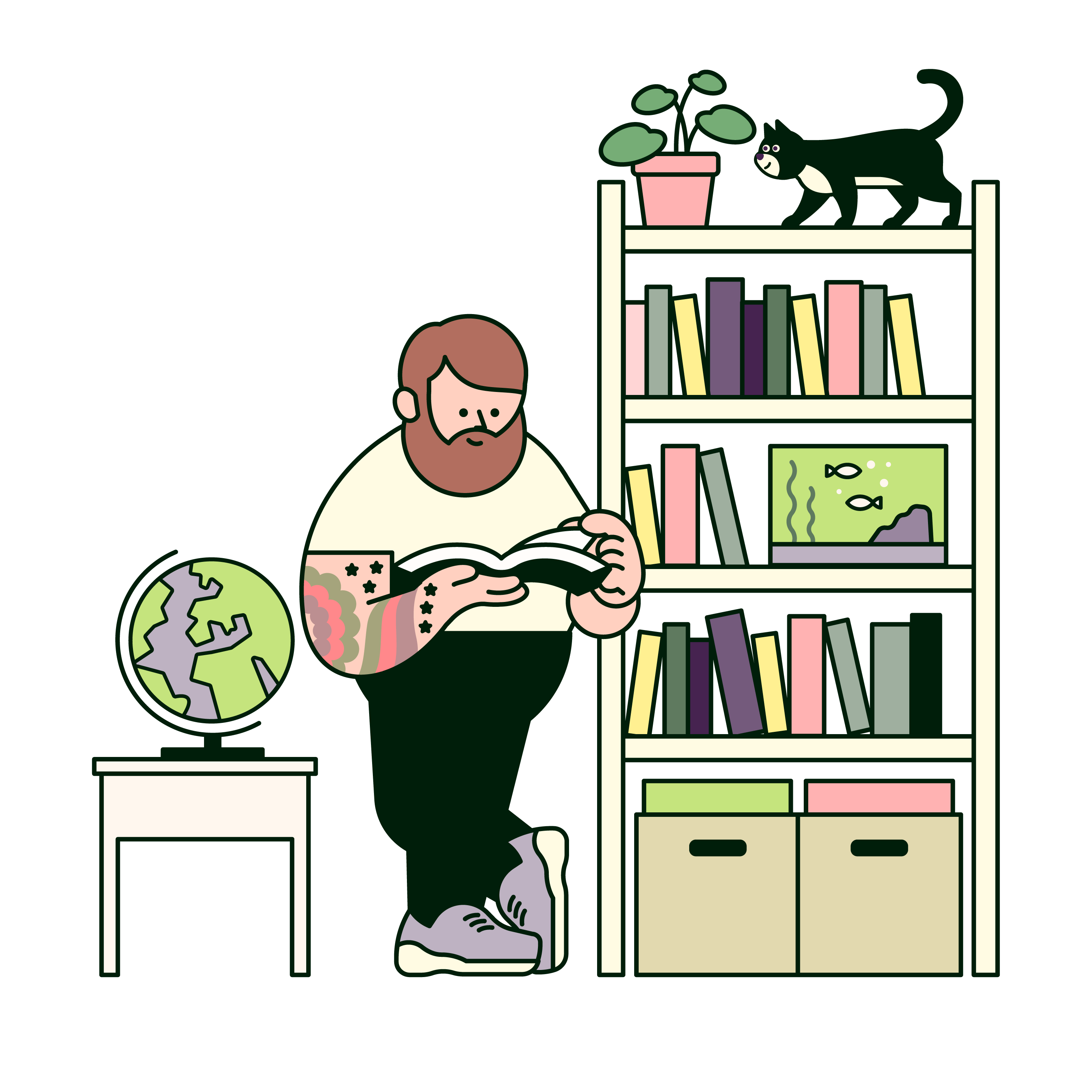 Man reading a book with his cat and globe