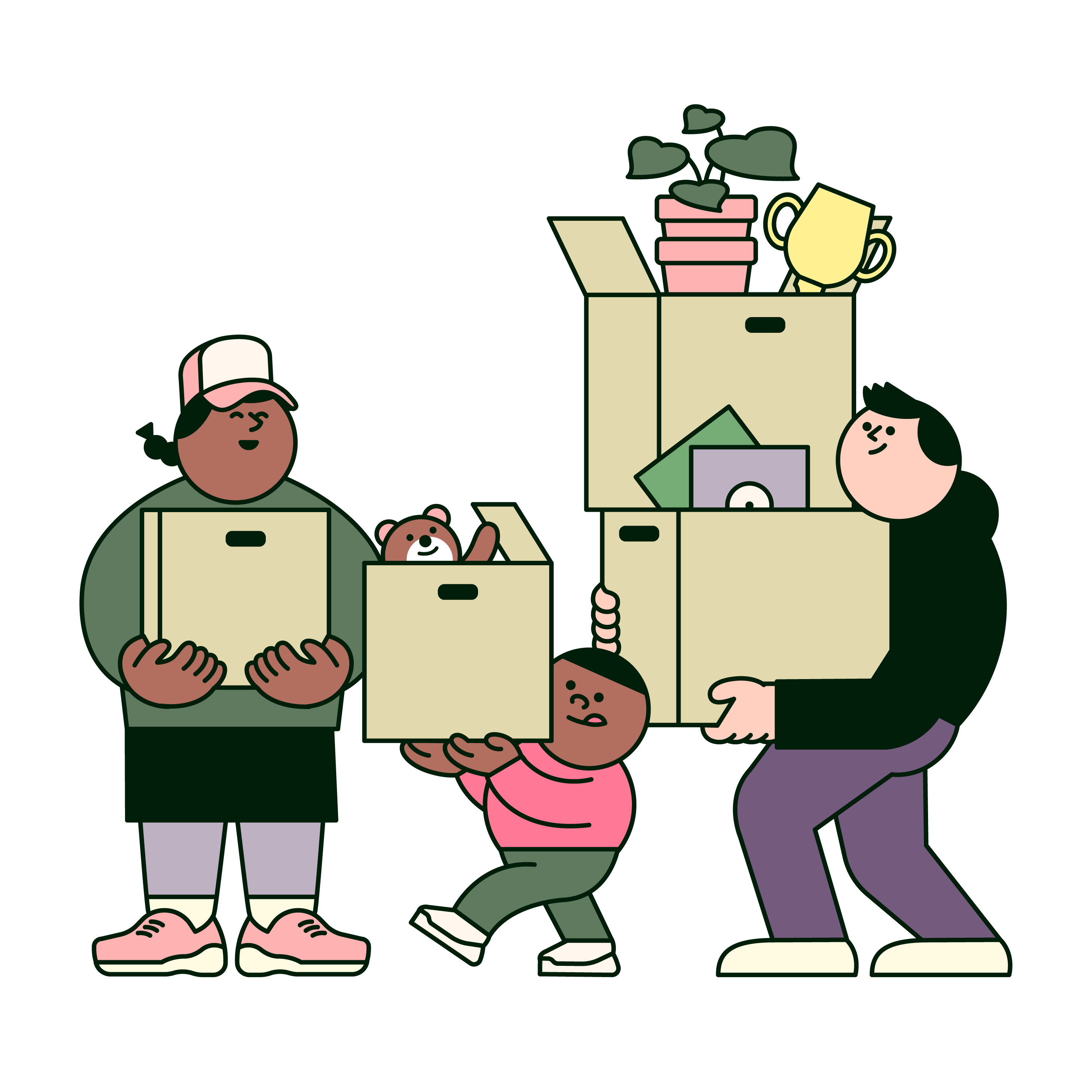 Family carrying moving boxes