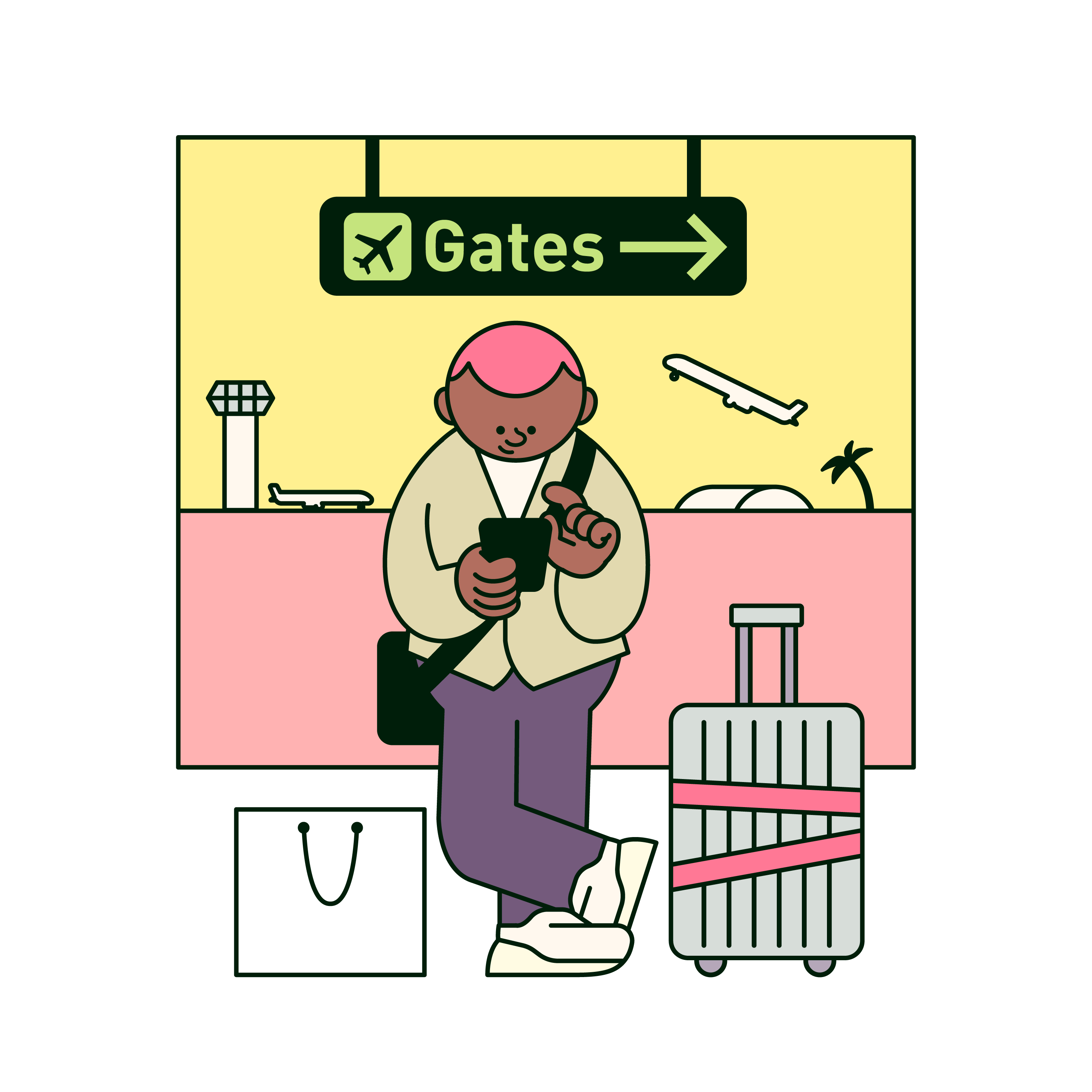 Man waiting at the airport gate with his luggage