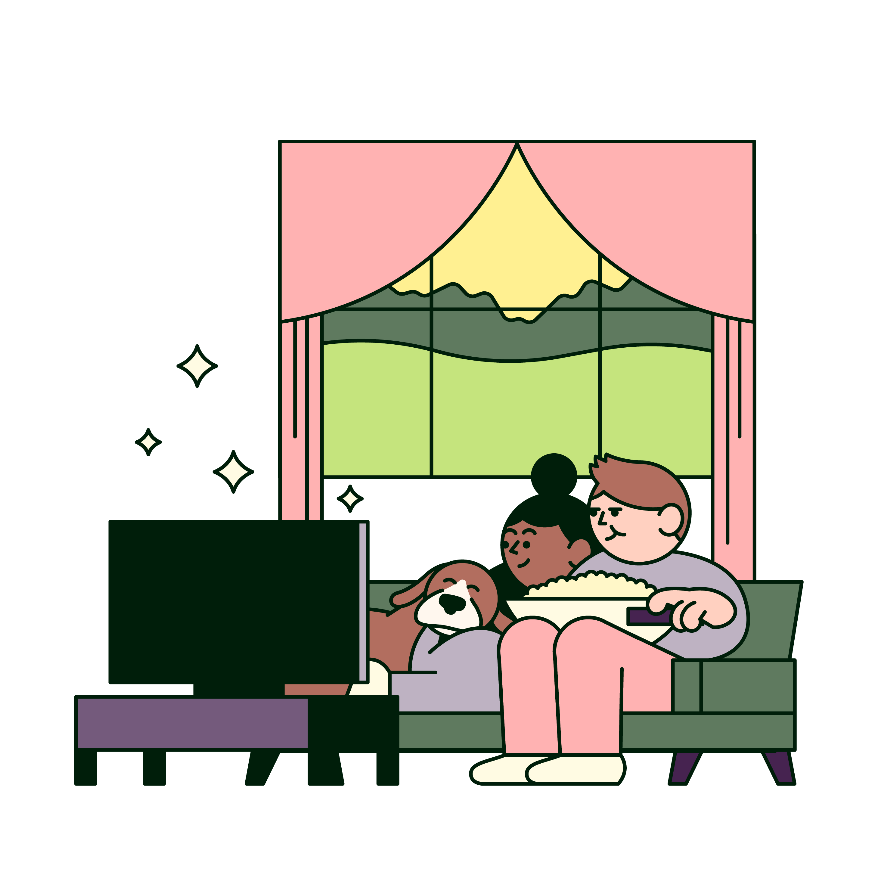 Couple with their dog watching tv and eating popcorn