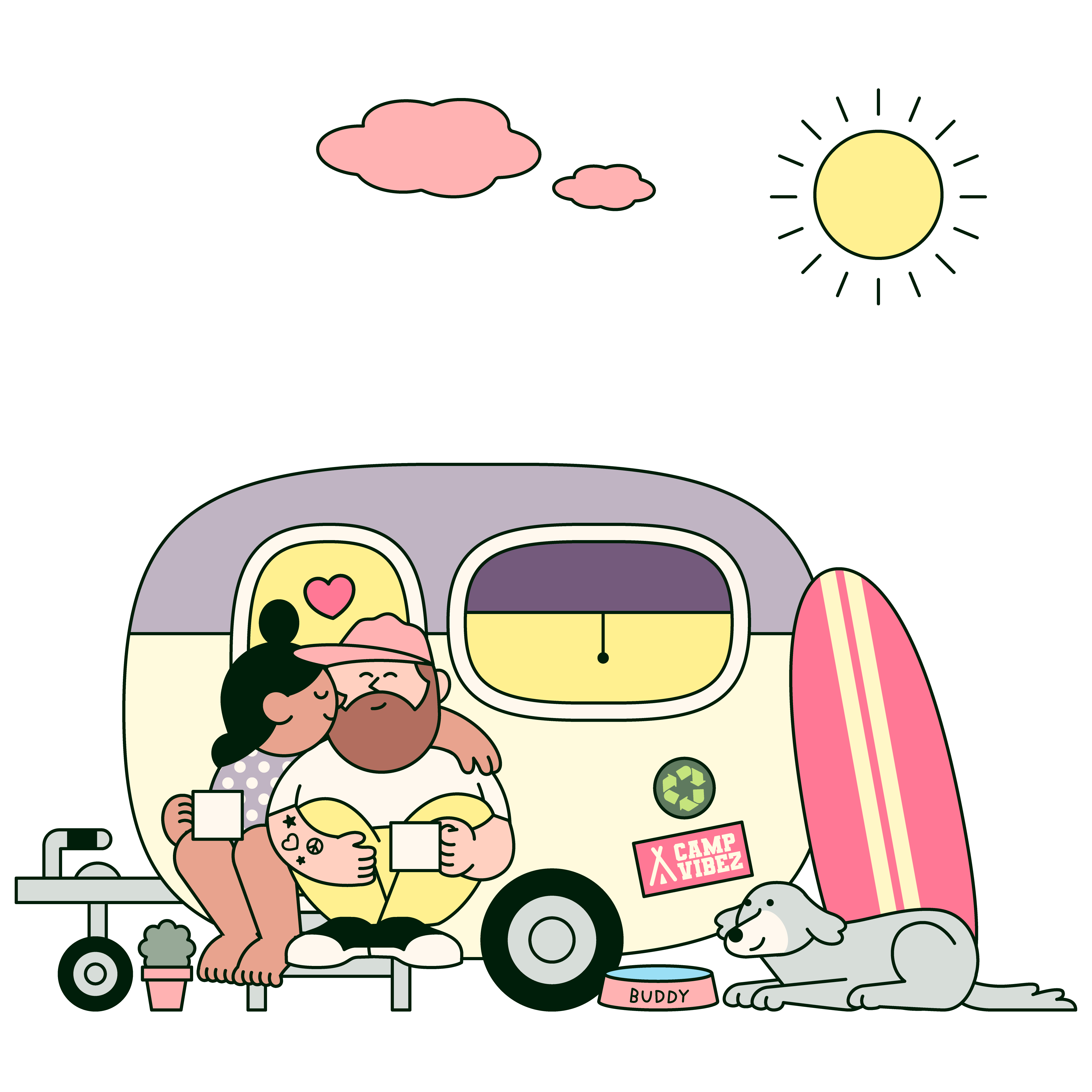 Woman kissing her partner in their caravan.