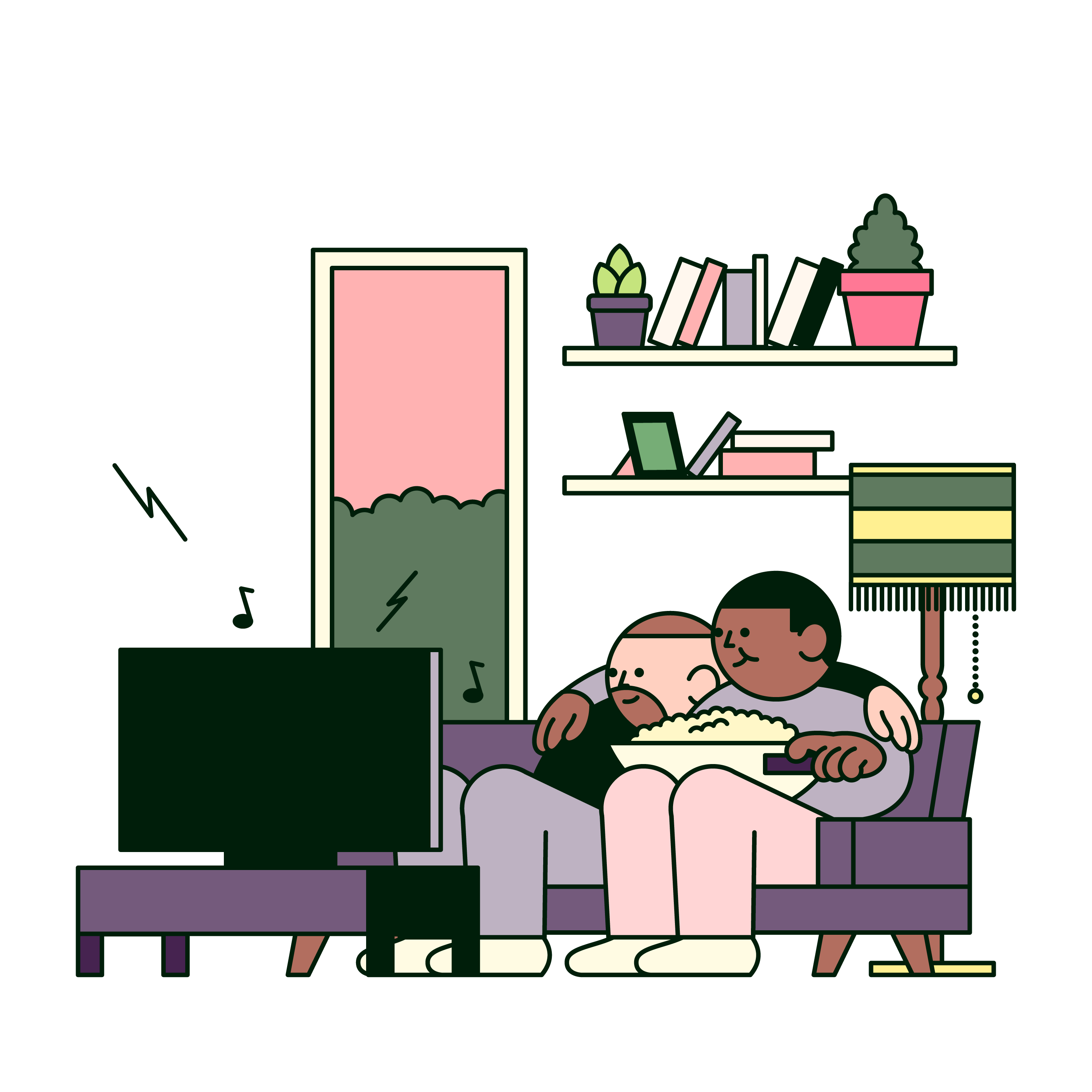 Couple watching TV and eating popcorn