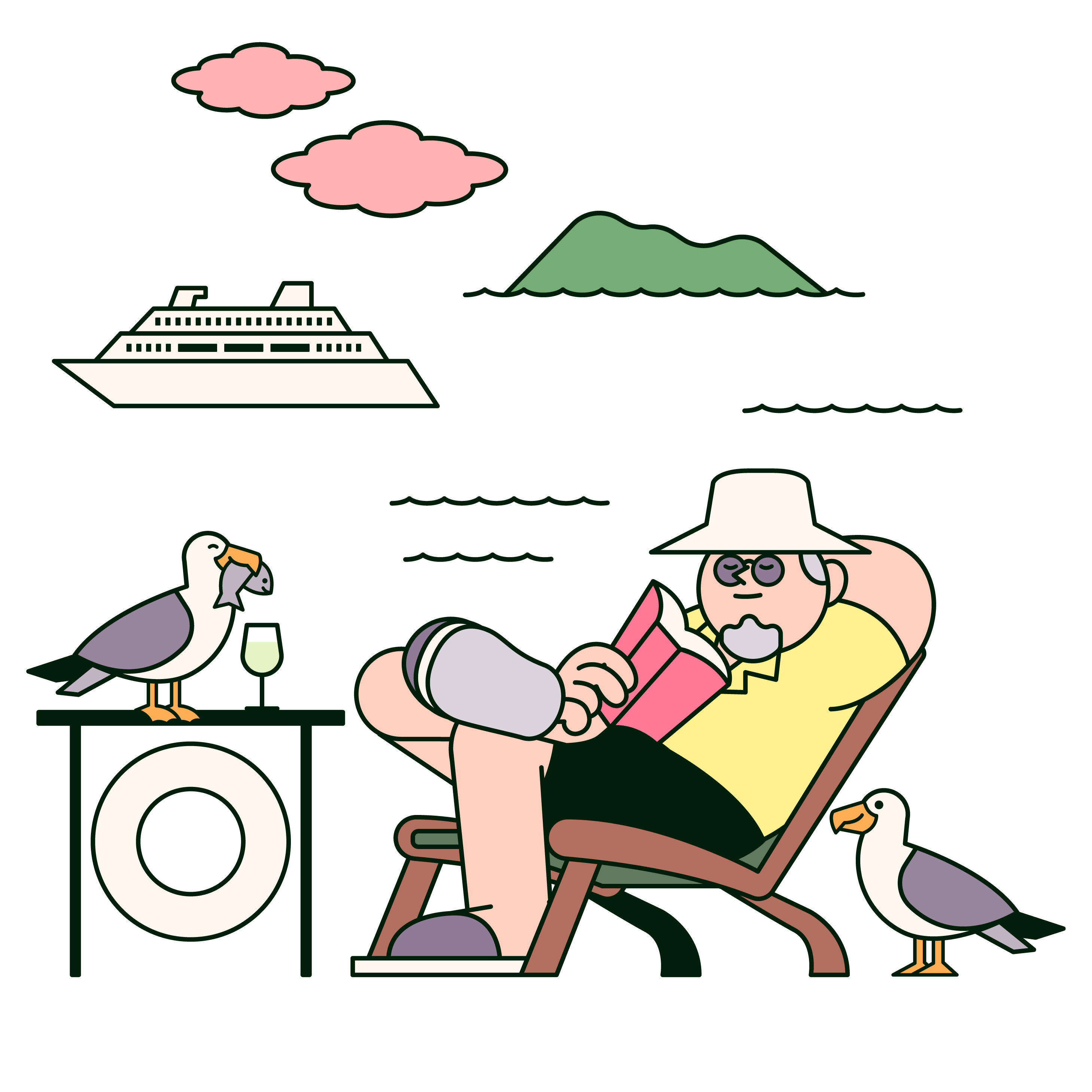 Senior man on a cruise reading a book