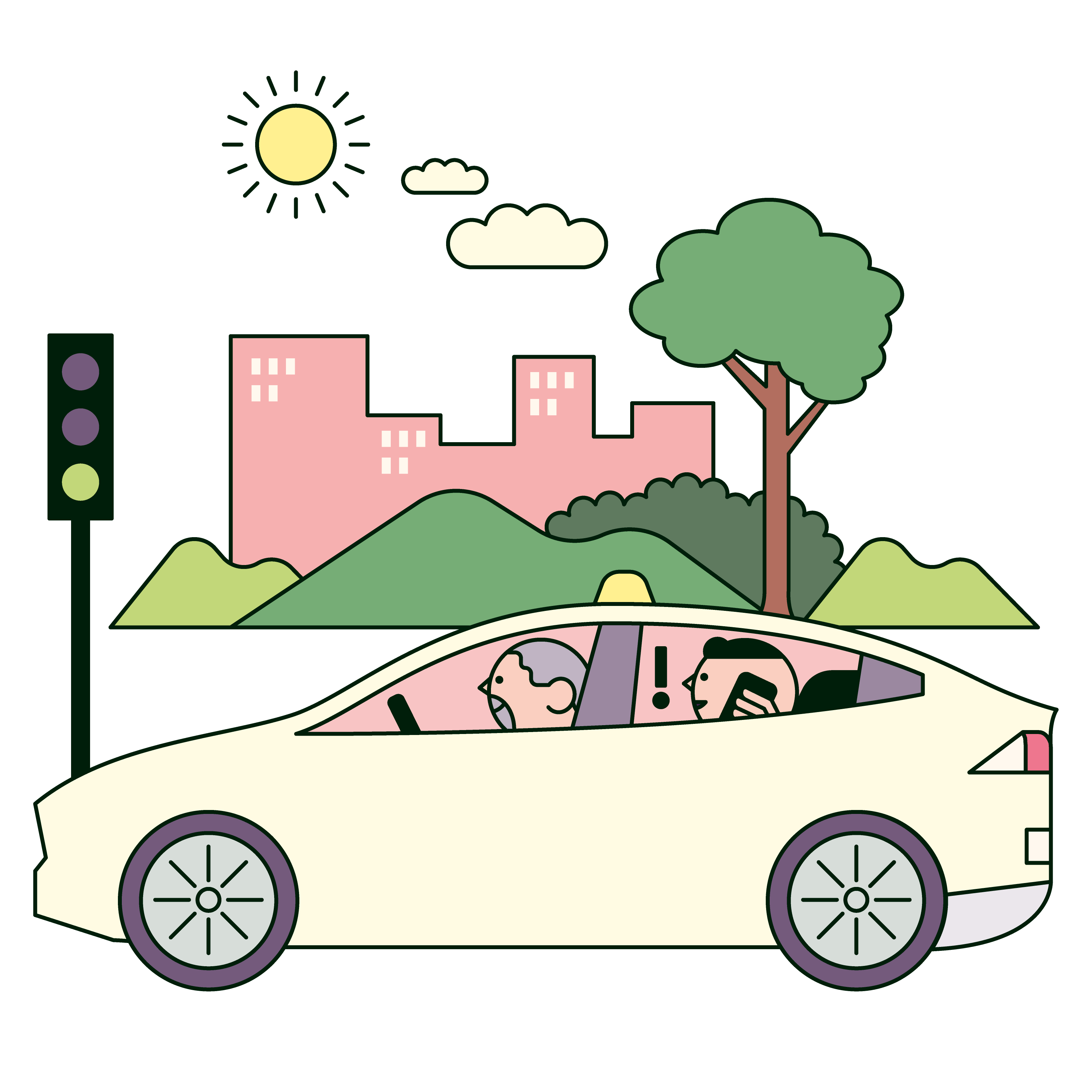 Car waiting at traffic light with passenger in the back seat