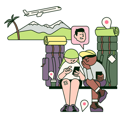 Backpackers looking through their phones