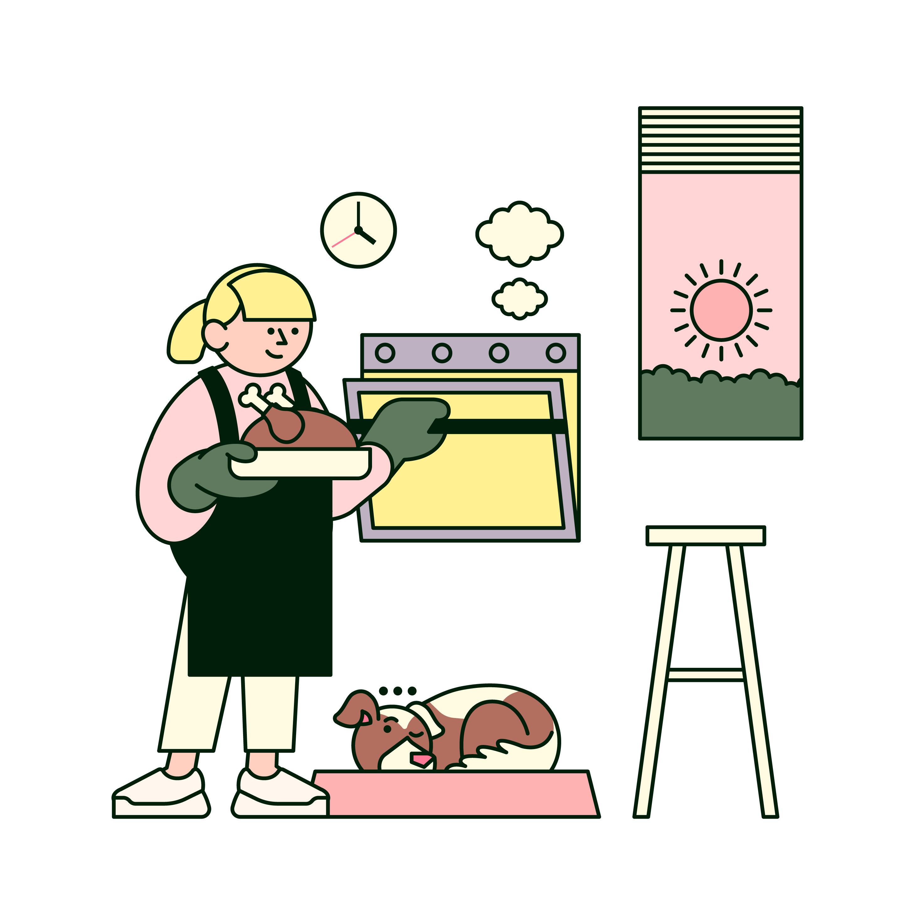cooking with dog in kitchen