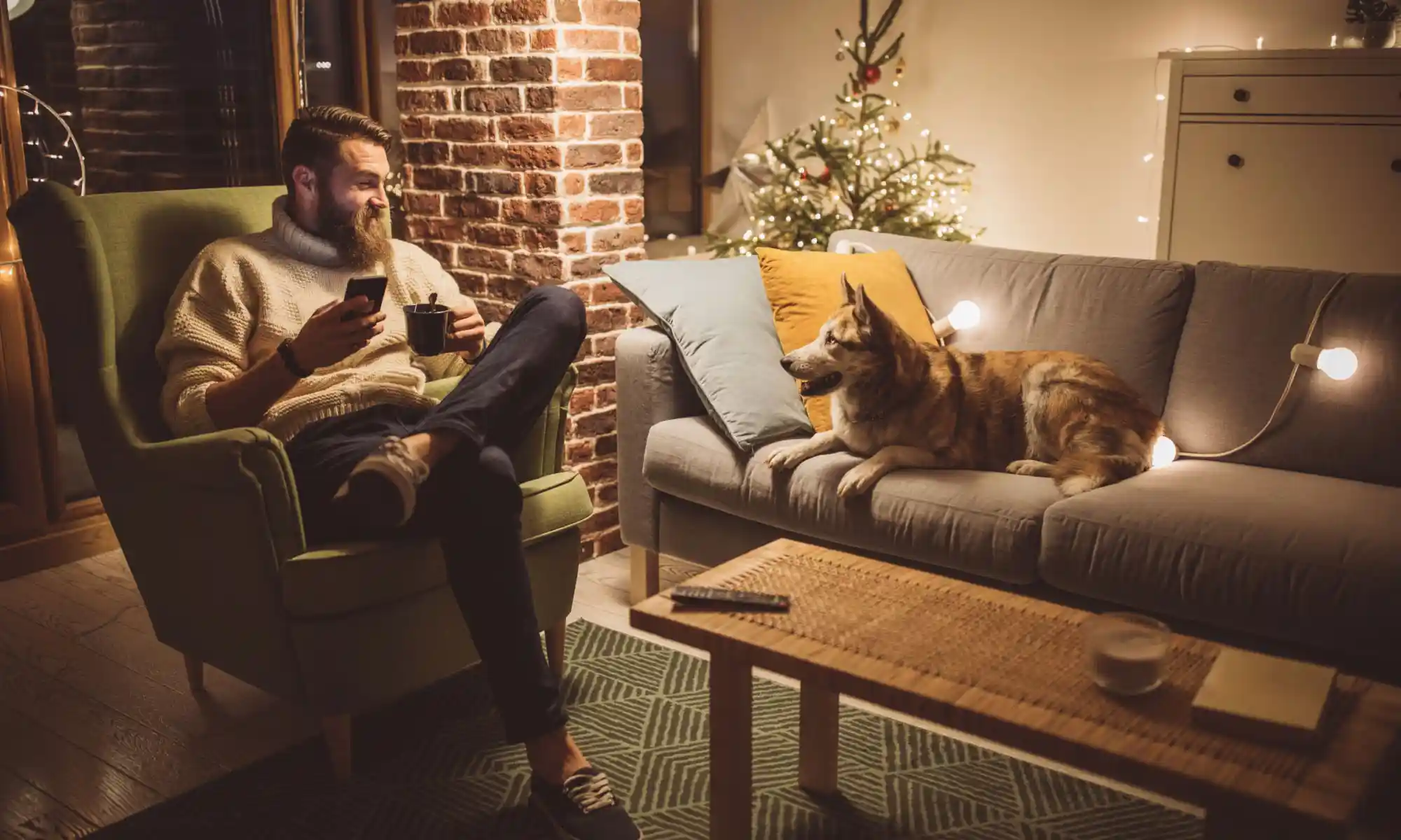 Man on his phone in a dim-lit living room with his dog