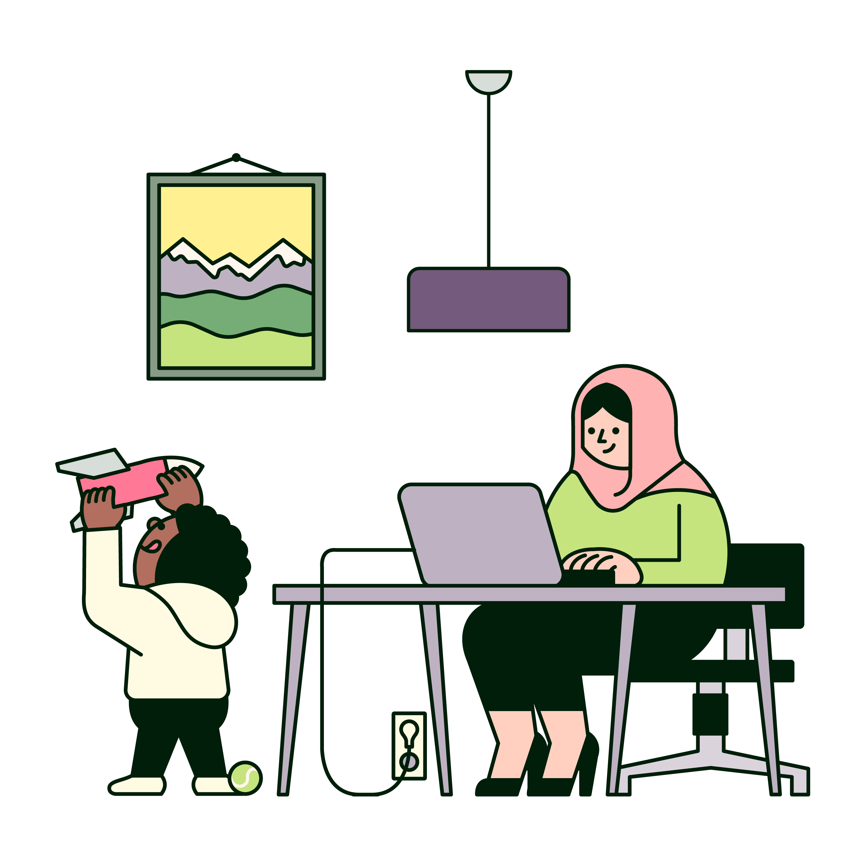 Woman in head scarf working from home with her son
