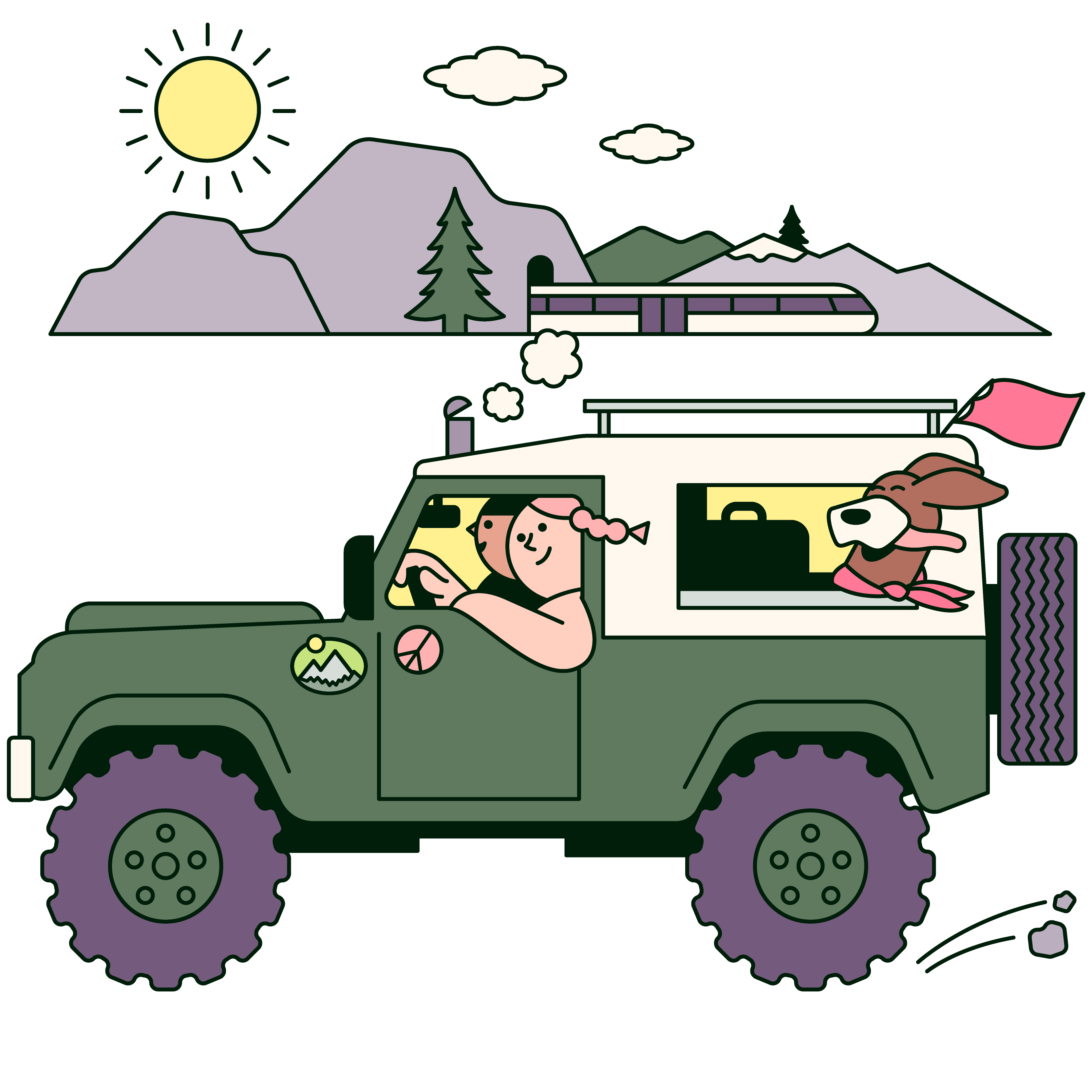 Illustration of a jeep with dog peering out of the window