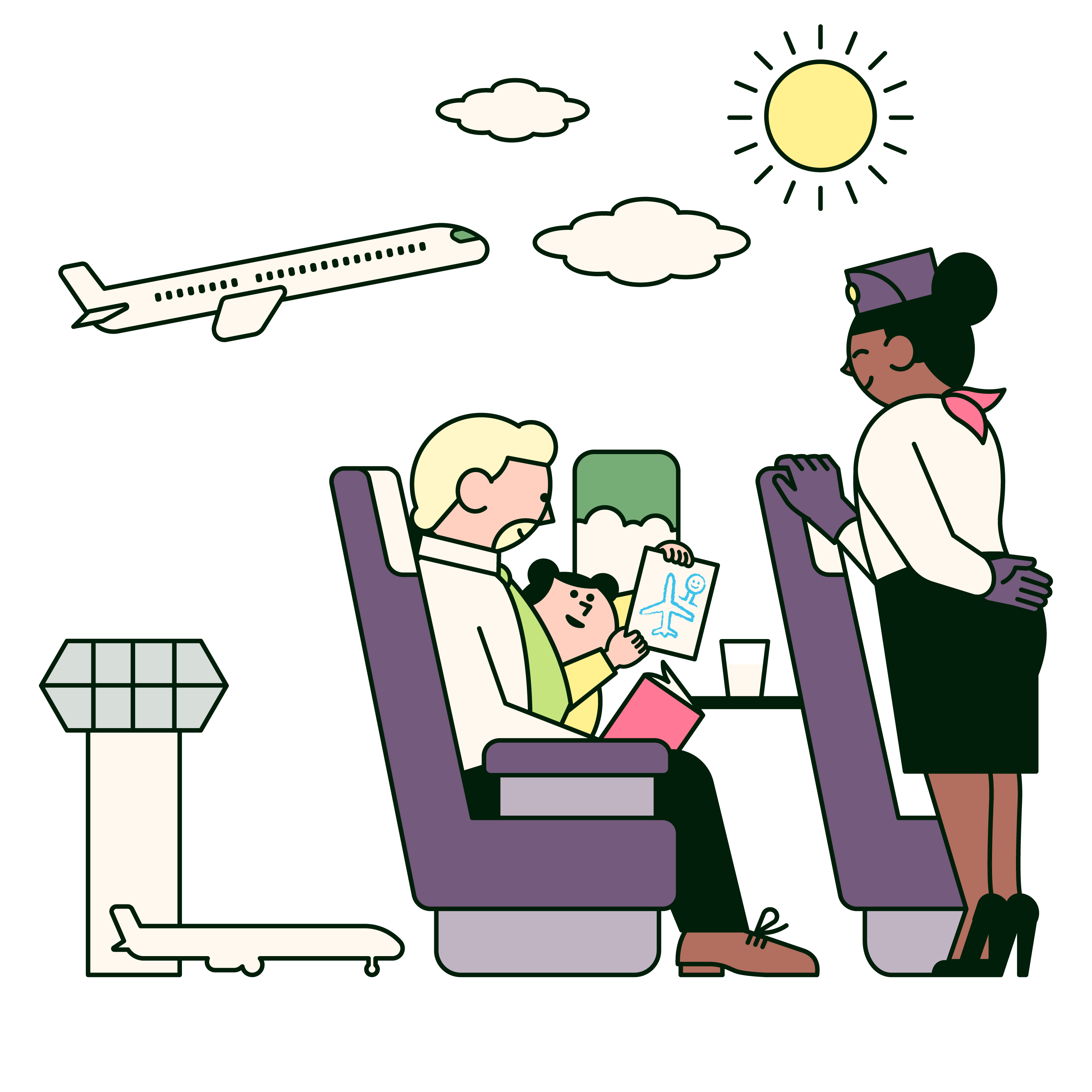 Father and daughter speaking to stewardess