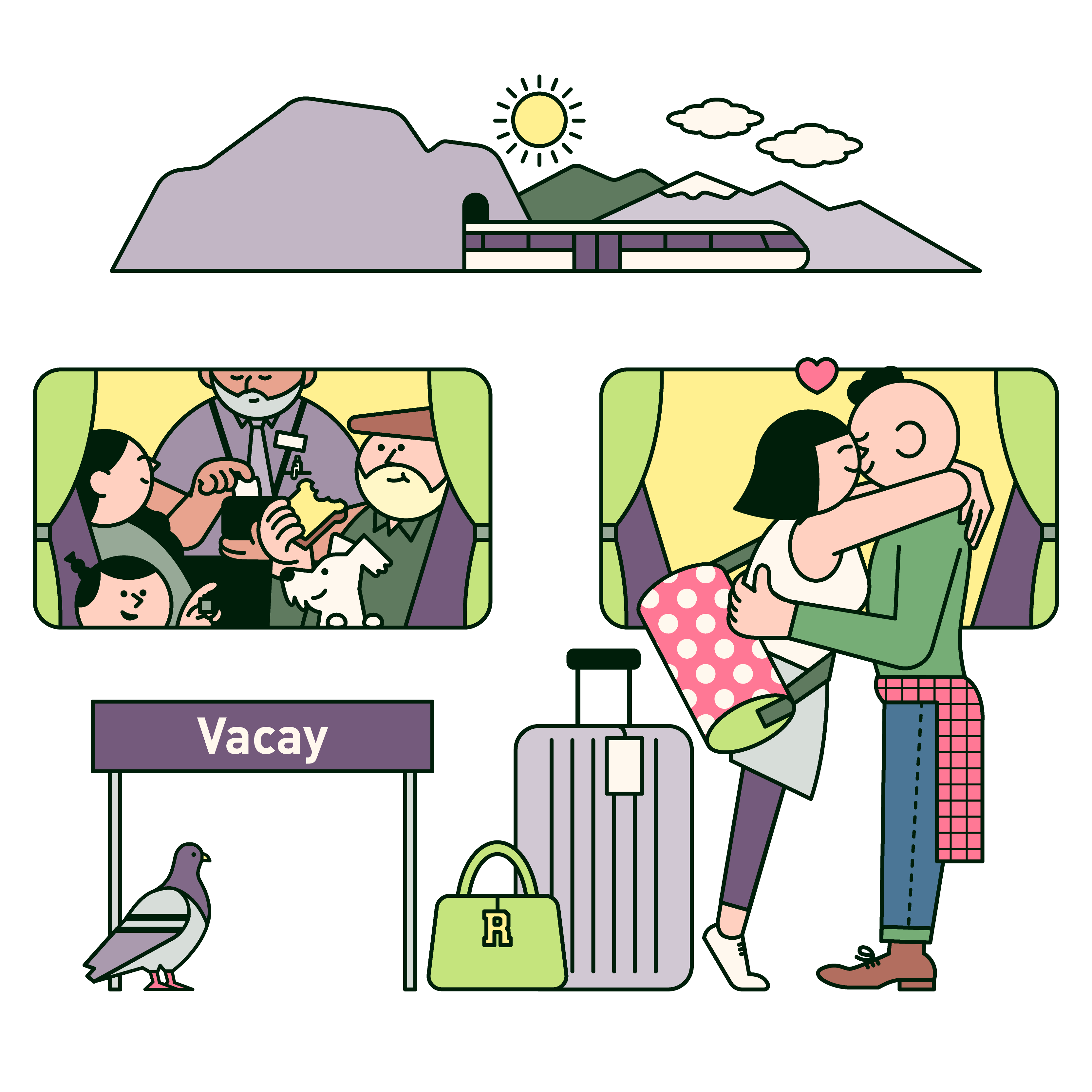Small family on the train with a couple kissing on the platform